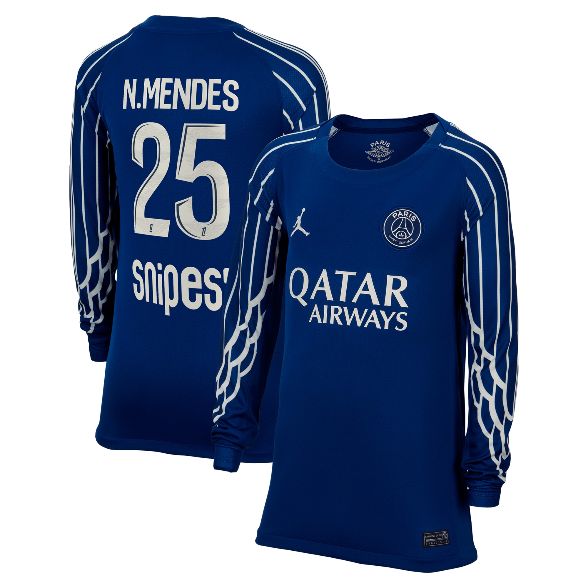 psg jordan fourth stadium shirt 2024-25 – long sleeve – kids with n.mendes 25 printing Kits Collection | Shop PSG Gear