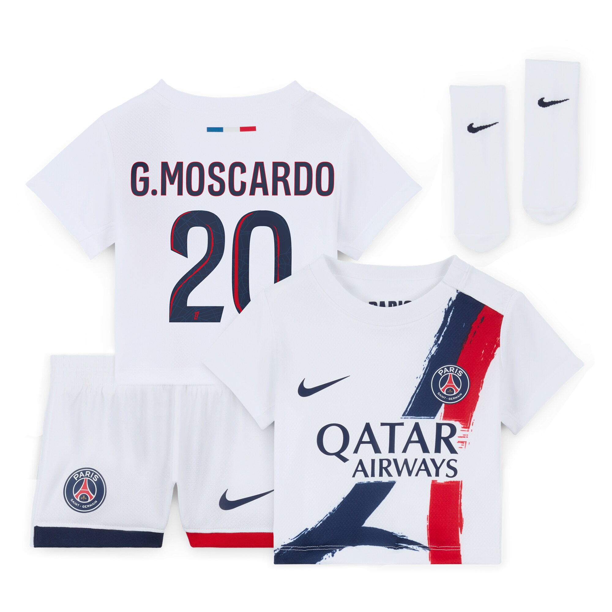 psg nike away stadium kit 2024-2025 – infants with g.moscardo 20 printing Kits Collection | Shop PSG Gear