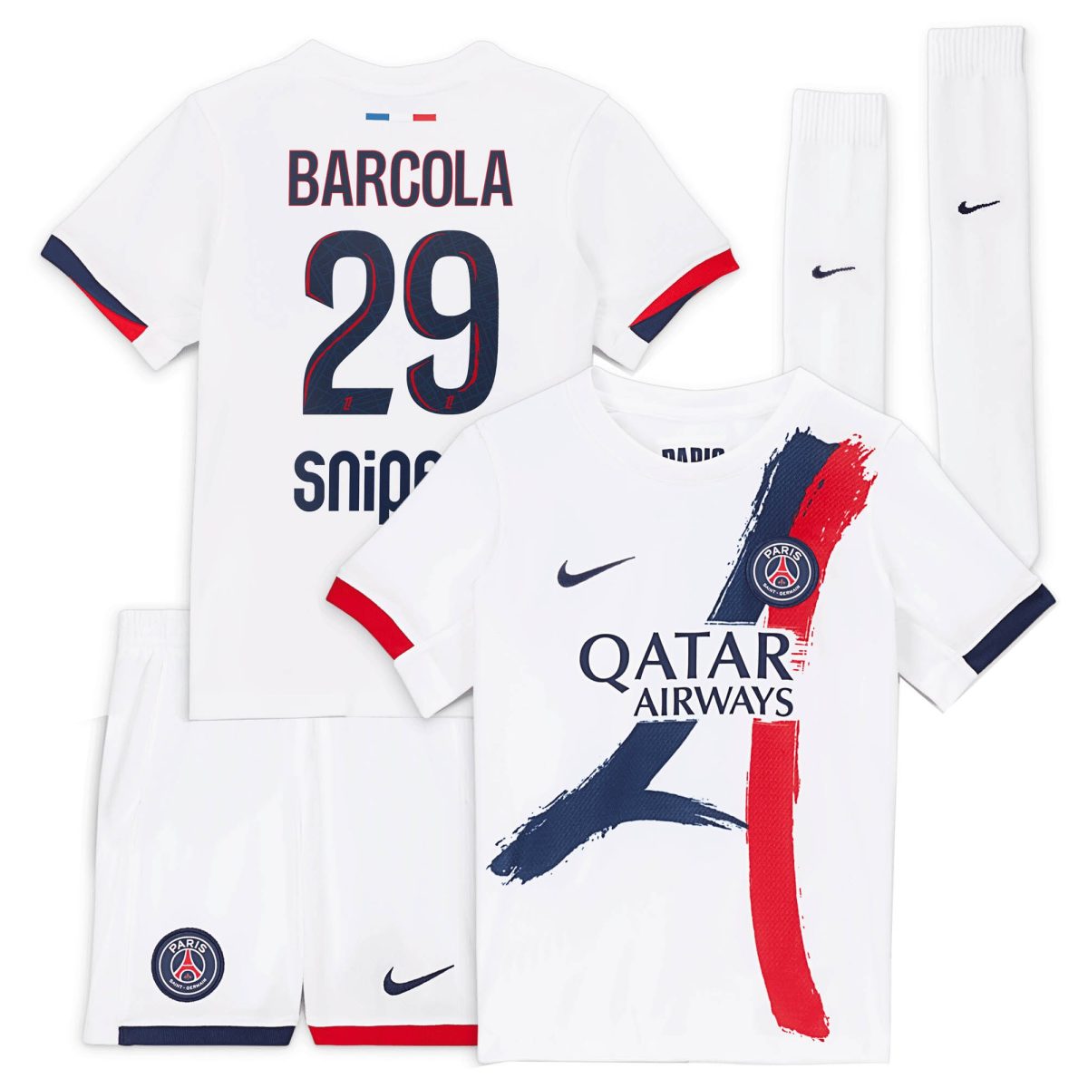 psg nike away stadium kit 2024-2025 – little kids with barcola 29 printing Kits Collection | Shop PSG Gear